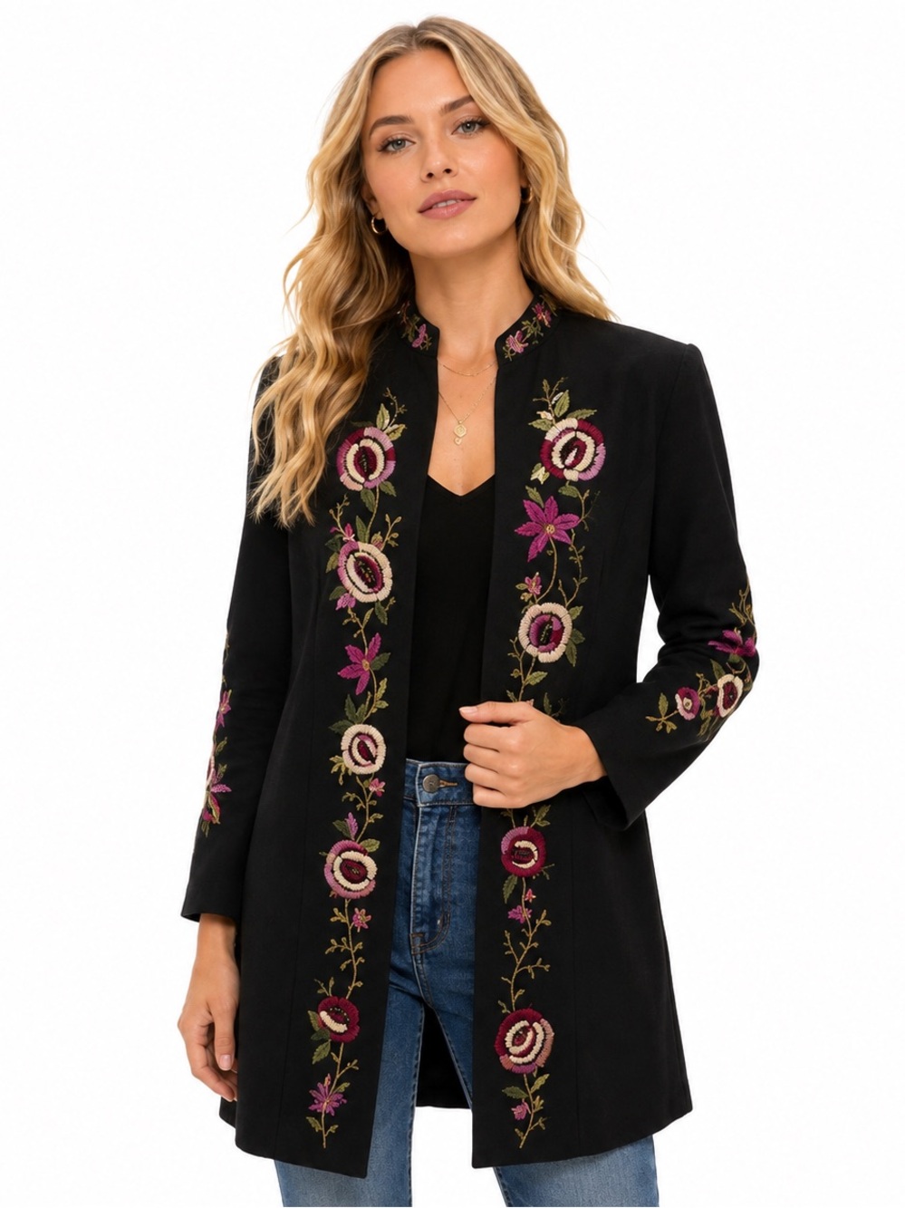 Newport News Black Floral Embroidered Boho‎ Festival Long Coat Jacket Size 6